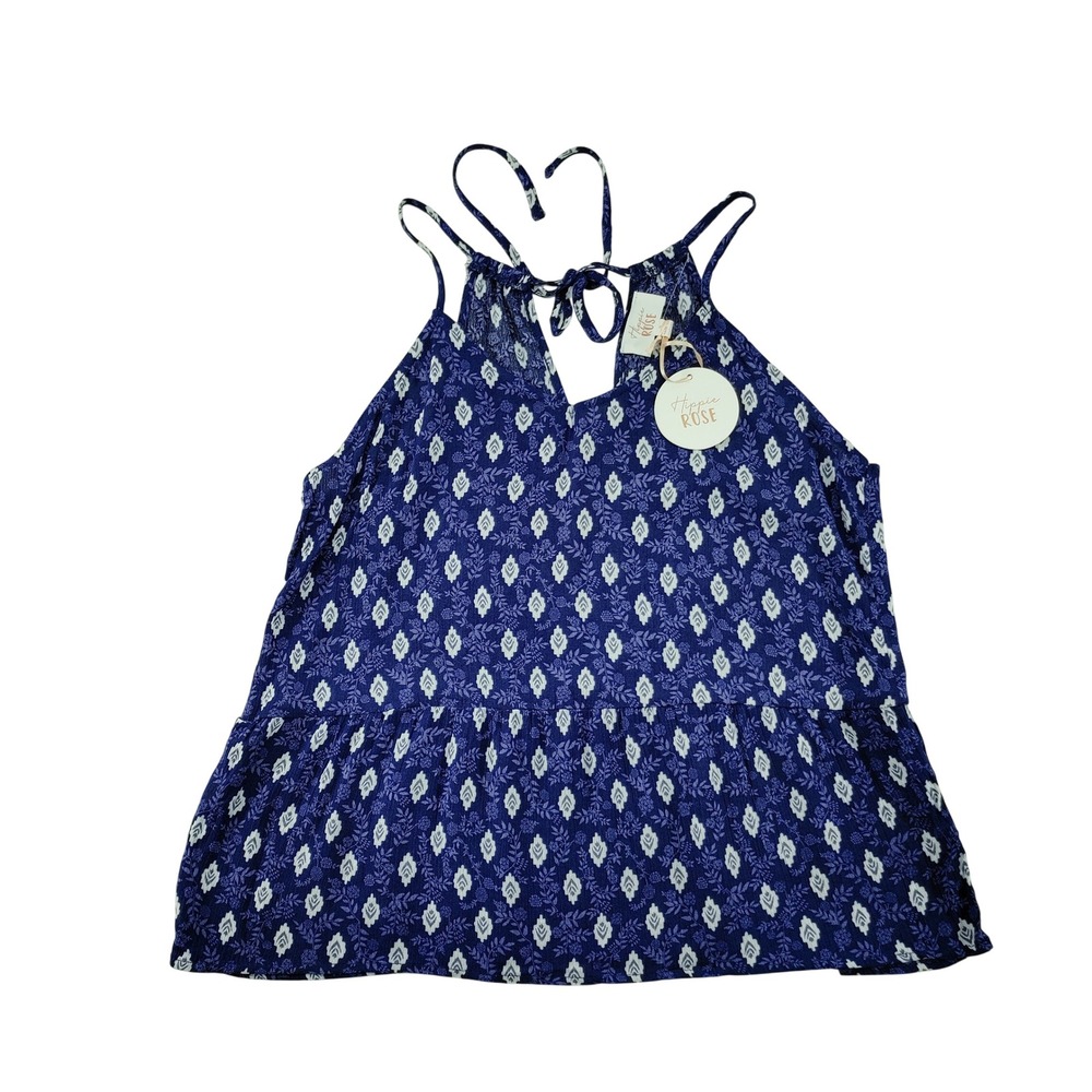 Hippie Rose Blue White Ikat Floral Halter Tiered‎ Top Size S